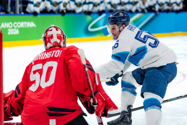 OLYMPICS - Winter Olympic Games, Olympische Spiele, Olympia, OS Milano Cortina 2026 MILAN,ITALY,20.FEB.26 - OLYMPICS, Ice hockey, Eishockey - Winter Olympic Games Milano Cortina 2026, semifinal, Canada vs Finland, men. Image shows Erik Haula (FIN) and Jordan Binnington (CAN). Keywords: goal.  GEPAxpictures xMatthiasxTrinkl