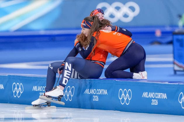 2026-02-20 - Milano Cortina 2026 Winter Olympics 1500m Women MILAN, ITALY - FEBRUARY 20: Antoinette Rijpma-De Jong of Netherlands, Femke Kok of Netherlands during the 1500m Women on day 16 of the Milano Cortina 2026 Winter Olympics at the Milano Speed skating, Eisschnelllauf Arena on February 20, 2026 in Milan, Italy Milan Milano Speed Skating Arena Italy Content not available for redistribution in The Netherlands directly or indirectly through any third parties. Copyright: xAndrexWeeningx