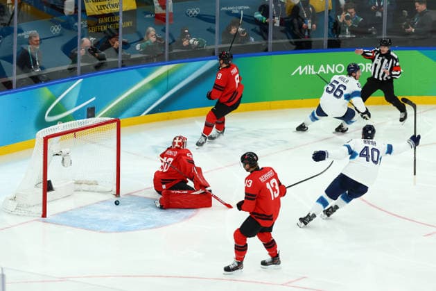 February 20, 2026, Milan, Lombardy, Italy: ERIK HAULA 56 of Finland scores his side s second goal shorthanded in the Semifinal game between Team Canada (CAN) and Team Finland (FIN) at the Milano Cortina 2026 Olympic Games, Olympische Spiele, Olympia, OS Olympics 2026: Milano Cortina: Ice hockey, Eishockey Men: CAN:FIN  - ZUMAc179 20260220_oly_c179_027 Copyright: xMickaelxChavetx