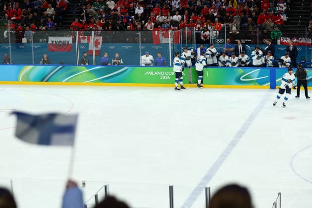 February 20, 2026, Milan, Lombardy, Italy: ERIK HAULA 56 of Finland celebrates scoring his side s second goal shorthanded in the Semifinal game between Team Canada (CAN) and Team Finland (FIN) at the Milano Cortina 2026 Olympic Games, Olympische Spiele, Olympia, OS Olympics 2026: Milano Cortina: Ice hockey, Eishockey Men: CAN:FIN  - ZUMAc179 20260220_oly_c179_030 Copyright: xMickaelxChavetx