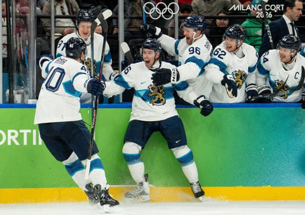 Ice hockey, Eishockey - Milano Cortina 2026 Winter Olympics: Day 14 Joel Armia, Erik Haula, Mikko Rantanen, Artturi Lehkonen, celebration during Milano Cortina 2026 Winter Olympics Semi-final Men s Hockey Canada vs Finland match at Milano Santagiulia Ice Hockey Arena in Milan on February 20, 2026 Milan Italy  Copyright: xFotoxOlimpikx originalFilename:jastrzebowski-icehocke260220_np53D.jpg