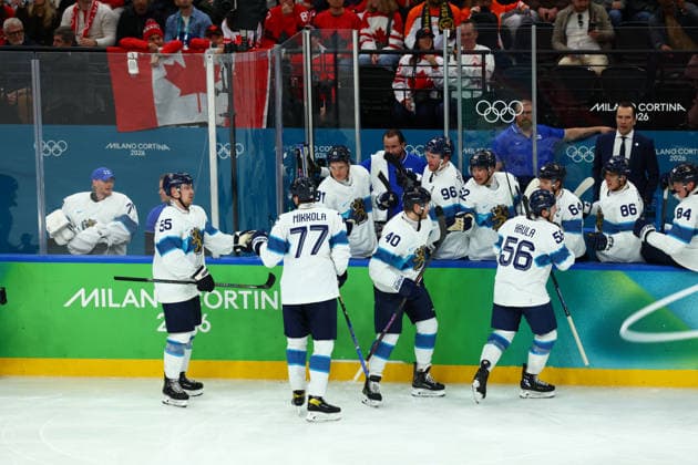 February 20, 2026, Milan, Lombardy, Italy: ERIK HAULA 56 of Finland celebrates scoring his side s second goal shorthanded in the Semifinal game between Team Canada (CAN) and Team Finland (FIN) at the Milano Cortina 2026 Olympic Games, Olympische Spiele, Olympia, OS Olympics 2026: Milano Cortina: Ice hockey, Eishockey Men: CAN:FIN  - ZUMAc179 20260220_oly_c179_033 Copyright: xMickaelxChavetx