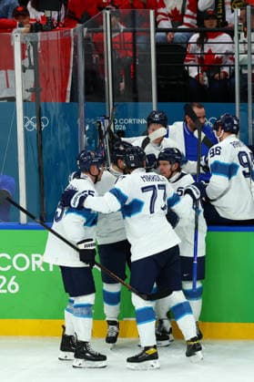 February 20, 2026, Milan, Lombardy, Italy: ERIK HAULA 56 of Finland celebrates scoring his side s second goal shorthanded in the Semifinal game between Team Canada (CAN) and Team Finland (FIN) at the Milano Cortina 2026 Olympic Games, Olympische Spiele, Olympia, OS Olympics 2026: Milano Cortina: Ice hockey, Eishockey Men: CAN:FIN  - ZUMAc179 20260220_oly_c179_034 Copyright: xMickaelxChavetx