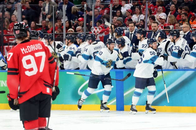 February 20, 2026, Milan, Lombardy, Italy: Erik Haula (56) of Team Finland after a goal against Team Canada in a men s Ice hockey, Eishockey semifinal during the Milano Cortina 2026 Olympic Winter games, Winterspiele,Spiele, Summer games at Milano Santagiulia Ice Hockey Arena Olympics 2026: Milano Cortina: Ice Hockey-Men Semifinal- CAN-FIN  - ZUMAm117 20260220_oly_m117_015 Copyright: xDavidxMcIntyrex