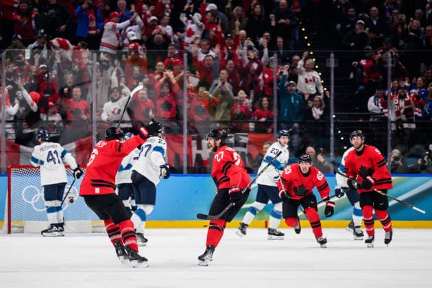 260220 Travis Sanheim, Shea Theodore, Brad Marchand and Sam Bennett of Canada celebrate the 2-2 goal in the men s Ice hockey, Eishockey semifinal between Canada and Finland during day 14 of the 2026 Winter Olympics on February 20, 2026 in Milan. Photo: Joel Marklund BILDBYRAN kod JM CS0887 ishockey ice hockey Olympic Games, Olympische Spiele, Olympia, OS olympics winter olympics os ol olympiska spel vinter-os olympiske leker milano cortina 2026 milan cortina 2026 milano cortina 2026 olympic games milano cortina 2026 winter olympic games milano cortina-os milano cortina-ol vinter-ol 14 bbeng finland canada kanada jubel *** 260220 Travis Sanheim, Shea Theodore, Brad Marchand and Sam Bennett of Canada celebrate the 2 2 goal in the men s ice hockey semifinal between Canada and Finland during day 14 of the 2026 Winter Olympics on February 20, 2026 in Milan Photo Joel Marklund BILDBYRAN kod JM CS0887 ishockey ice hockey olympic games olympics winter olympics os ol olympiska spel vinter os olympiske leker milano cortina 2026 milan cortina 2026 milano cortina 2026 olympic games milano cortina 2026 winter olympic games milano cortina os milano cortina ol vinter ol 14 bbeng finland canada kanada jubel  Copyright: JOELxMARKLUND BB260220JM036