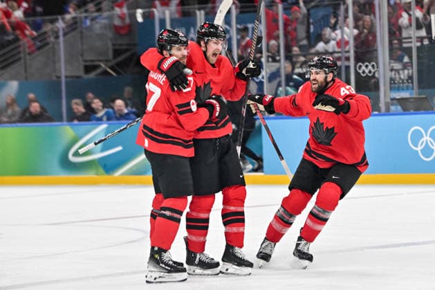 MILAN, ITALY - FEBRUARY 20: Shea Theodore of Canada L), Travis Sanheim of Canada and Tom Wilson of Canada R) celebrate a goal during the Ice hockey, Eishockey Men™s Play-offs Semifinals match between Canada and Finland on day fourteen of the Milano Cortina 2026 Winter Olympic Games, Olympische Spiele, Olympia, OS at Milano Santagiulia Ice Hockey Arena on February 20, 2026 in Milan, Italy. Milan Milano Santagiulia Ice Hockey Arena Italy *** MILAN, ITALY FEBRUARY 20 Shea Theodore of Canada L , Travis Sanheim of Canada and Tom Wilson of Canada R celebrate a goal during the Ice Hockey Men™s Play offs Semifinals match between Canada and Finland on day fourteen of the Milano Cortina 2026 Winter Olympic games at Milano Santagiulia Ice Hockey Arena on February 20, 2026 in Milan, Italy Milan Milano Santagiulia Ice Hockey Arena Italy Copyright: xJustPictures.ch AndreaxBrancax jp-en-EuSpIm-AB-AAB_486820022026