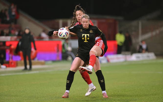 Sandra Maria Jessen, Amber Tysiak Zweikampf Spielszene Aktion Fußball Fussball Bundesliga Damen Frauen Saison 2025 2026 20.02.2026 1.FC Union Berlin vs. 1.FC Köln DFL regulations prohibit any use of photographs as image sequences and or quasi-video