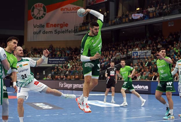 20.02.2026, xovx, Handball Daikin Handball Bundesliga, HSG Wetzlar - SC DHfK Leipzig v.l. Filip Vistorop (HSG Wetzlar), Moritz Preuss (SC DHfK Leipzig), Stefan Cavor (HSG Wetzlar), Dominik Mappes (HSG Wetzlar), Josip Simic (HSG Wetzlar) Wetzlar Buderus-Arena Hessen Deutschland (DE)