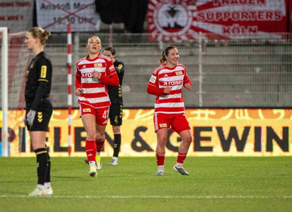Fußball, Frauen, Saison 2025 2026, Google Pixel Frauen-Bundesliga (19. Spieltag), 1. FC Union Berlin - 1. FC Köln, v. l. Lia Kamber (1. FC Union), Dina Orschmann (1. FC Union), Jubel nach Tor zum 1:0, 20.02. 2026, Copyright: xMatthiasxKochx