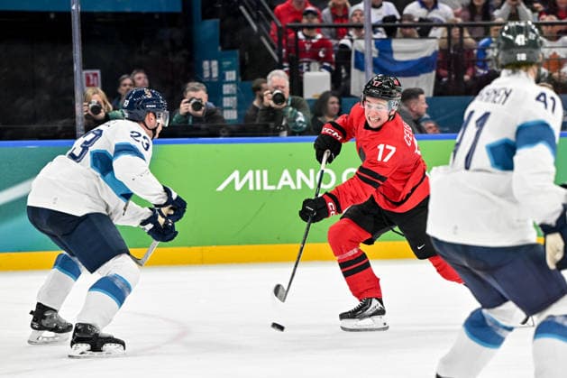 MILAN, ITALY - FEBRUARY 20: Macklin Celebrini of Canada shoots the puck during the Ice hockey, Eishockey Men™s Play-offs Semifinals match between Canada and Finland on day fourteen of the Milano Cortina 2026 Winter Olympic Games, Olympische Spiele, Olympia, OS at Milano Santagiulia Ice Hockey Arena on February 20, 2026 in Milan, Italy. Milan Milano Santagiulia Ice Hockey Arena Italy *** MILAN, ITALY FEBRUARY 20 Macklin Celebrini of Canada shoots the puck during the Ice Hockey Men™s Play offs Semifinals match between Canada and Finland on day fourteen of the Milano Cortina 2026 Winter Olympic games at Milano Santagiulia Ice Hockey Arena on February 20, 2026 in Milan, Italy Milan Milano Santagiulia Ice Hockey Arena Italy Copyright: xJustPictures.ch AndreaxBrancax jp-en-EuSpIm-AB-AAB_392920022026
