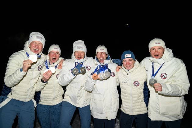 260220 Johannes Dale-Skjevdal, Johan-Olav Botn, Vetle Sjastad Christiansen, Sturla Holm Laegreid, Isak leknes frey and Martin Uldal of the Norwegian national biathlon team celebrate at a medal celebration during day 14 of the 2026 Winter Olympics on February 20, 2026 in Anterselva. Photo: Mathias Bergeld BILDBYRAN kod MB MB1340 skidskytte biathlon skiskyting Olympic Games, Olympische Spiele, Olympia, OS olympics winter olympics os ol olympiska spel vinter-os olympiske leker milano cortina 2026 milan cortina 2026 milano cortina 2026 olympic games milano cortina 2026 winter olympic games milano cortina-os milano cortina-ol vinter-ol 14 bbeng norge norway jubel *** 260220 Johannes Dale Skjevdal, Johan Olav Botn, Vetle Sjastad Christiansen, Sturla Holm Laegreid, Isak leknes frey and Martin Uldal of the Norwegian national biathlon team celebrate at a medal celebration during day 14 of the 2026 Winter Olympics on February 20, 2026 in Anterselva Photo Mathias Bergeld BILDBYRAN code MB MB1340 biathlon biathlon olympic games olympics olympics winter olympics os ol olympiska spel vinter os olympiske leker milano cortina 2026 milan cortina 2026 milano cortina 2026 olympic games milano cortina 2026 winter olympic games milano cortina os milano cortina ol vinter ol 14 bbeng norge norway jubel  Copyright: MATHIASxBERGELD BB260220MB125