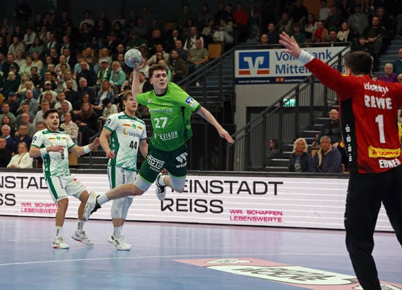 20.02.2026, xovx, Handball Daikin Handball Bundesliga, HSG Wetzlar - SC DHfK Leipzig v.l. Lucas Krzikalla (SC DHfK Leipzig), Blair Hinriksson (SC DHfK Leipzig), Phil Spandau (HSG Wetzlar), Domenico Ebner (SC DHfK Leipzig) Wetzlar Buderus-Arena Hessen Deutschland (DE)