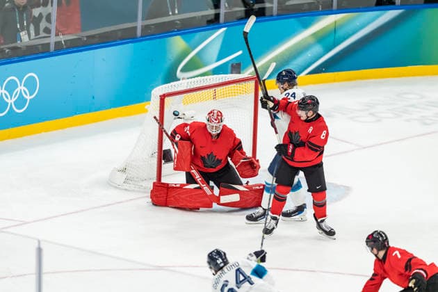 February 20, 2026, Milan, Lombardy, Italy: Goalkeeper Jordan Binnington 50 of Team Canada saves a goal against Team Finland in the Mens Team Canada Vs Team Finland Play-offs Semifinals game at the Milano Santagiulia Ice hockey, Eishockey Arena in MILAN, Italy during the 2026 Milano Cortina Winter Olympics. Team Canada advances to the finals, winning against Team Finland, 3:2 in regulation play. Milan Italy - ZUMAa161 20260220_oly_a161_035 Copyright: xWalterxG.xArcex