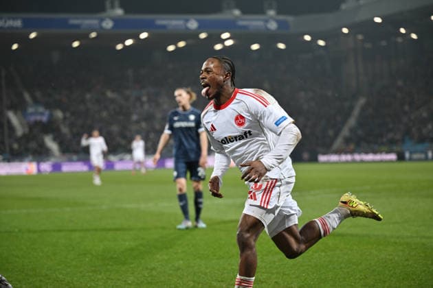 Jubel Ali Zoma (1. FC Nürnberg), 0:1 20.02.2026, Fussball 2. Bundesliga, Saison 2025 2026, 23. Spieltag, VfL Bochum - 1. FC Nürnberg DFL regulations prohibit any use of photographs as image sequences and or quasi-video Bochum Vonovia Ruhrstadion Nordrhein Westfalen Deutschland