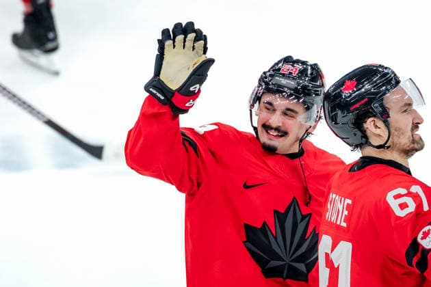 OLYMPICS - Winter Olympic Games, Olympische Spiele, Olympia, OS Milano Cortina 2026 MILAN,ITALY,20.FEB.26 - OLYMPICS, Ice hockey, Eishockey - Winter Olympic Games Milano Cortina 2026, semifinal, Canada vs Finland, men. Image shows the rejoicing of Seth Jarvis (CAN).  GEPAxpictures xMatthiasxTrinkl