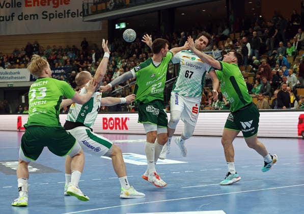 20.02.2026, xovx, Handball Daikin Handball Bundesliga, HSG Wetzlar - SC DHfK Leipzig v.l. Georg Löwen (HSG Wetzlar), Moritz Preuss (SC DHfK Leipzig), Dominik Mappes (HSG Wetzlar), Dean Bombac (SC DHfK Leipzig), Josip Simic (HSG Wetzlar) Wetzlar Buderus-Arena Hessen Deutschland (DE)