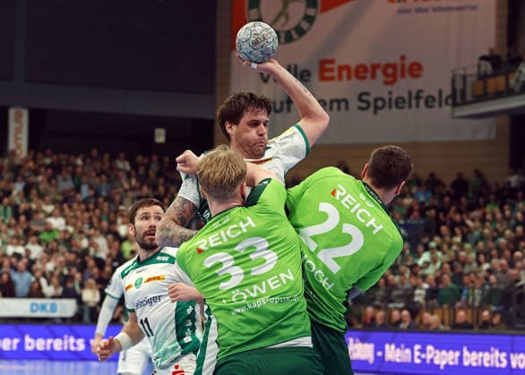 20.02.2026, xovx, Handball Daikin Handball Bundesliga, HSG Wetzlar - SC DHfK Leipzig v.l. Lukas Binder (SC DHfK Leipzig), Georg Löwen (HSG Wetzlar), Dean Bombac (SC DHfK Leipzig), Jona Schoch (HSG Wetzlar) Wetzlar Buderus-Arena Hessen Deutschland (DE)