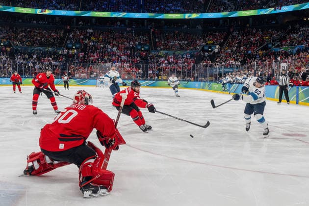 February 20, 2026, Milan, Lombardy, Italy: Finnish hockey player ARTTURI LEHKONEN takes a shot on goal during the Canadian-Finland semifinal at the Santaguilia Ice hockey, Eishockey Arena during the Milano Cortina 2026 Winter Olympics. Canada won the game 3 - 2. Olympics 2026: Milano Cortina: - February 20, 2026  - ZUMAh234 20260220_oly_h234_004 Copyright: xMarkxEdwardxHarrisx