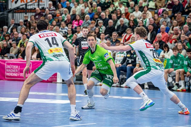 Handball Bundesliga; HSG Wetzlar - SC DHfK Leipzig, 20.02.26 Justin Müller (HSG Wetzlar, 25), Marko Mamic (SC DHfK Leipzig, 14), Handball Bundesliga; HSG Wetzlar - SC DHfK Leipzig: Wetzlar, 20.02.26 Copyright: xBEAUTIFULxSPORTS Roeczeyx