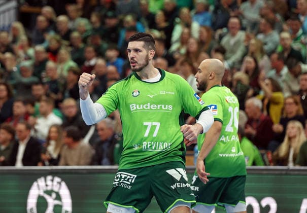 20.02.2026, xovx, Handball Daikin Handball Bundesliga, HSG Wetzlar - SC DHfK Leipzig v.l. Jubel bei Stefan Cavor (HSG Wetzlar) und Cyrill Akakpo (HSG Wetzlar) Wetzlar Buderus-Arena Hessen Deutschland (DE)