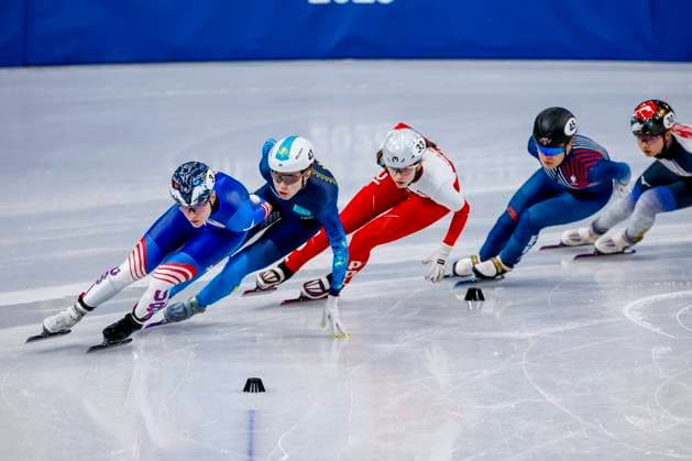 Corinne Stoddard of United States of America and Olga Tikhonova of Kazakhstan and Gabriela Topolska of Poland and Aurelie Leveque of France Women s 1500m Quarterfinals, Milano Cortina 2026 Winter Olympics: Day 14, Short Track Speed skating, Eisschnelllauf - Milano Cortina 2026 Winter Olympics: Day 14, Milano Speed Skating Stadium, February 20, 2026, Milan, Italy.