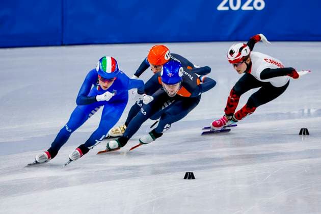 Elisa Confortola of Italy and Xandra Velzeboer of the Netherlands and Suzanne Schulting of the Netherlands Women s 1500m Quarterfinals, Milano Cortina 2026 Winter Olympics: Day 14, Short Track Speed skating, Eisschnelllauf - Milano Cortina 2026 Winter Olympics: Day 14, Milano Speed Skating Stadium, February 20, 2026, Milan, Italy.