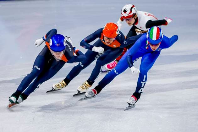 Xandra Velzeboer of the Netherlands and Elisa Confortola of Italy and Suzanne Schulting of the Netherlands Women s 1500m Quarterfinals, Milano Cortina 2026 Winter Olympics: Day 14, Short Track Speed skating, Eisschnelllauf - Milano Cortina 2026 Winter Olympics: Day 14, Milano Speed Skating Stadium, February 20, 2026, Milan, Italy.