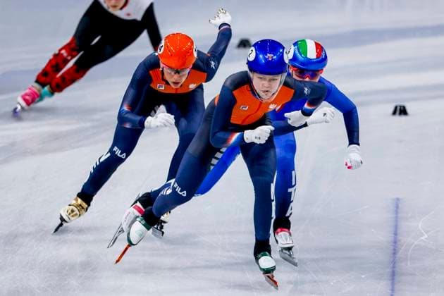 Xandra Velzeboer of the Netherlands and Elisa Confortola of Italy and Suzanne Schulting of the Netherlands Women s 1500m Quarterfinals, Milano Cortina 2026 Winter Olympics: Day 14, Short Track Speed skating, Eisschnelllauf - Milano Cortina 2026 Winter Olympics: Day 14, Milano Speed Skating Stadium, February 20, 2026, Milan, Italy.