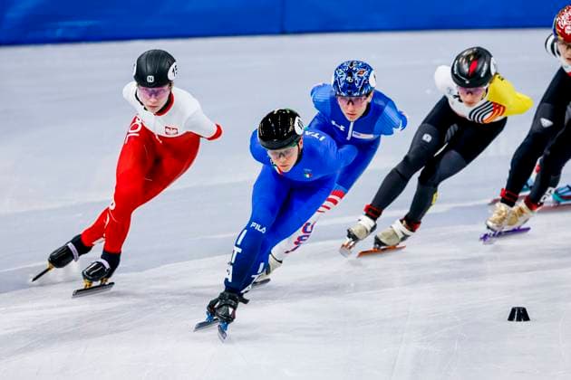 Kristen Santos-Griswold of United States of America and Kamila Sellier-Stormowska of Poland and Hanne Desmet of Belgium Women s 1500m Quarterfinals, Milano Cortina 2026 Winter Olympics: Day 14, Short Track Speed skating, Eisschnelllauf - Milano Cortina 2026 Winter Olympics: Day 14, Milano Speed Skating Stadium, February 20, 2026, Milan, Italy.