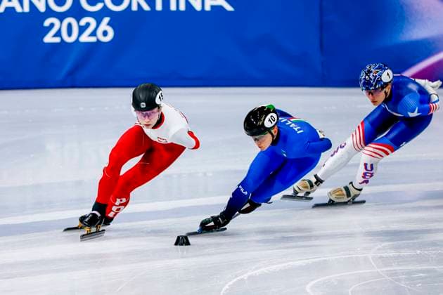 Kamila Sellier-Stormowska of Poland and Arianna Fontana of Italy and Kristen Santos-Griswold of United States of America Women s 1500m Quarterfinals, Milano Cortina 2026 Winter Olympics: Day 14, Short Track Speed skating, Eisschnelllauf - Milano Cortina 2026 Winter Olympics: Day 14, Milano Speed Skating Stadium, February 20, 2026, Milan, Italy.