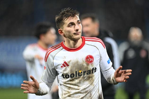 Adam MARKHIYEV (N) verhaltener Schlussjubel, enttaeuscht, enttäuscht, Enttäuschung, Enttaeuschung Fussball 2. Bundesliga, 23. Spieltag, matchday 23, VfL Bochum (BO) - 1. FC Nuernberg 1-1 am 20.02.2026, Vonovia Ruhrstadion Bochum Deutschland. DFL regulations prohibit any use of photographs as image sequences and or quasi-video Ã‚Â