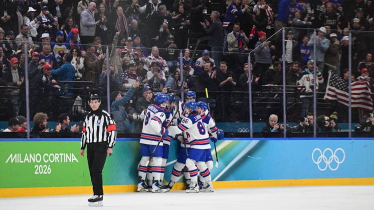 XXV Winter Olympic Games, Olympische Spiele, Olympia, OS in Milan, Italy, on February 20, 2026. Men s Ice hockey, Eishockey semifinal, USA vs Slovakia. US players celebrate a goal. (CTKxPhoto MichalxKamaryt) CTKPhotoP2026022010485  CTKPhotoP2026022010485