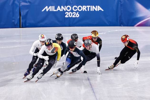 MILAN , 20-02-2026 , Milano Ice Skating Arena , Olympic Winter games, Winterspiele,Spiele, Summer games 2026 - Short Track 20-02 Men 5000m relay Final-B , Picture shows Team Belgium, Japan, People s Republic of China, Hungary Olympic Winter Games 2026 - Short Track 20-02  x201766555x Copyright: