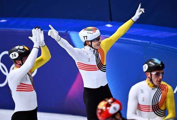 Belgian shorttrack skater Ward Petre, Belgian shorttrack skater Warre Van Damme and Belgian shorttrack skater Stijn Desmet celebrate after the Final B of the men s 5000m relay Short Track Speed skating, Eisschnelllauf at the Milano Cortina 2026 Olympic Winter games, Winterspiele,Spiele, Summer games on Friday 20 February 2026 in Milan, Italy. The XXV Winter Olympics take place from 6 to 22 February 2026 in Italy. JASPERxJACOBS  x164363857x