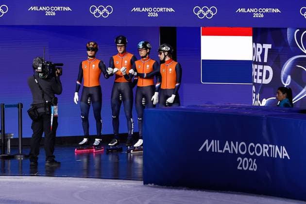 MILAN , 20-02-2026 , Milano Ice Skating Arena , Olympic Winter games, Winterspiele,Spiele, Summer games 2026 - Short Track 20-02 Men 5000m relay Final-A , Picture shows team Netherlands Olympic Winter Games 2026 - Short Track 20-02  x201766769x Copyright: