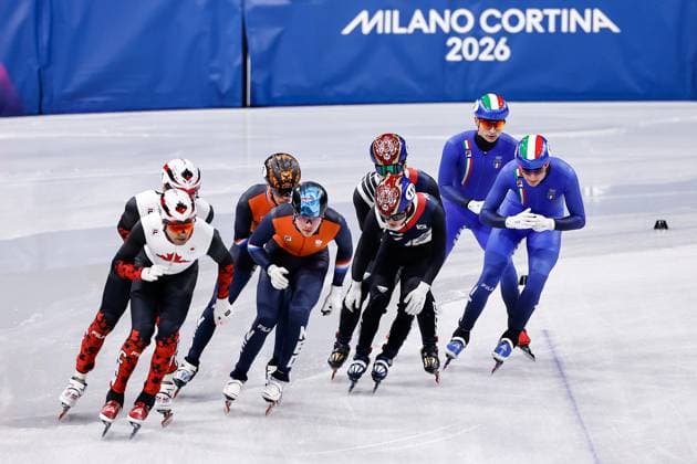 MILAN , 20-02-2026 , Milano Ice Skating Arena , Olympic Winter games, Winterspiele,Spiele, Summer games 2026 - Short Track 20-02 Men 5000m relay Final-A , Picture shows Team Republic of Korea, Netherlands, Canada, Italy Olympic Winter Games 2026 - Short Track 20-02  x201766799x Copyright: