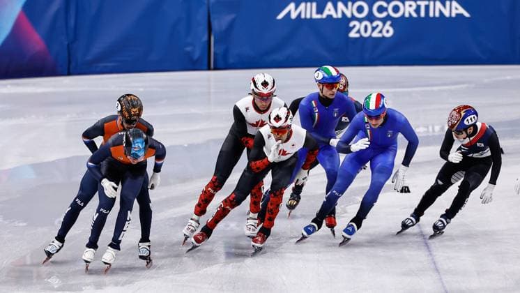 MILAN , 20-02-2026 , Milano Ice Skating Arena , Olympic Winter games, Winterspiele,Spiele, Summer games 2026 - Short Track 20-02 Men 5000m relay Final-A , Picture shows Team Republic of Korea, Netherlands, Canada, Italy Olympic Winter Games 2026 - Short Track 20-02  x201766872x Copyright: