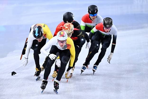 Belgian shorttrack skater Stijn Desmet and Belgian shorttrack skater Adriaan Dewagtere pictured in action during the Final B of the men s 5000m relay Short Track Speed skating, Eisschnelllauf at the Milano Cortina 2026 Olympic Winter games, Winterspiele,Spiele, Summer games on Friday 20 February 2026 in Milan, Italy. The XXV Winter Olympics take place from 6 to 22 February 2026 in Italy. JASPERxJACOBS  x164364609x