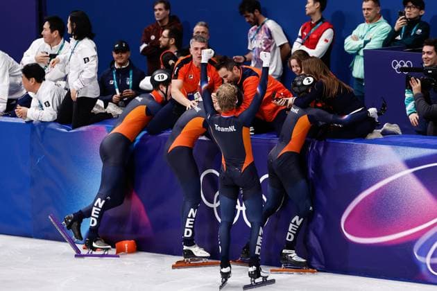 MILAN , 20-02-2026 , Milano Ice Skating Arena , Olympic Winter games, Winterspiele,Spiele, Summer games 2026 - Short Track 20-02 Men 5000m relay Final-A , Picture shows Team Netherlands (gold) Olympic Winter Games 2026 - Short Track 20-02  x201767004x Copyright:
