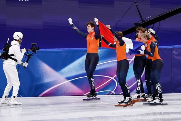 MILAN , 20-02-2026 , Milano Ice Skating Arena , Olympic Winter games, Winterspiele,Spiele, Summer games 2026 - Short Track 20-02 Men 5000m relay Final-A , Picture shows Team Netherlands (gold) Olympic Winter Games 2026 - Short Track 20-02  x201767014x Copyright: