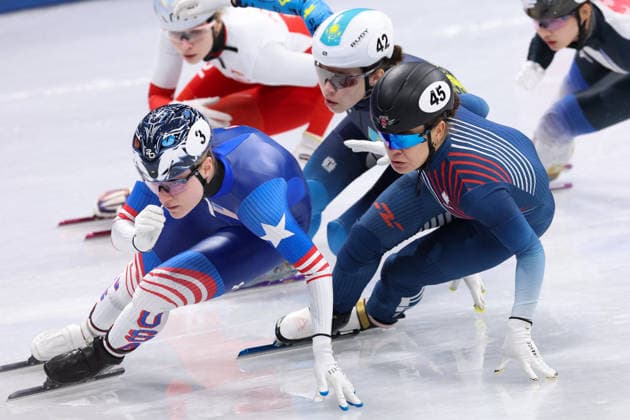 Winter Olympics - Short Track Speed skating, Eisschnelllauf Women s 1500m Corinne Stoddard of Team United States and Aurelie Leveque of Team France compete in the Short Track Speed Skating Women s 1500m during Day 14 of the Milano Cortina 2026 Winter Olympics at Milano Ice Skating Arena on February 20, 2026 in Milan, Italy. Photo by Alexis Jumeau ABACAPRESS.COM Milan Italy  Copyright: xJumeauxAlexis ABACAx