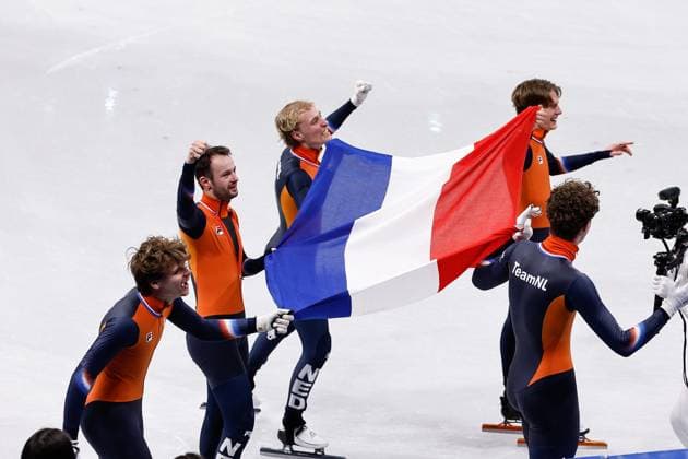 MILAN , 20-02-2026 , Milano Ice Skating Arena , Olympic Winter games, Winterspiele,Spiele, Summer games 2026 - Short Track 20-02 Men 5000m relay Final-A , Picture shows Team Netherlands (gold) Olympic Winter Games 2026 - Short Track 20-02  x201767102x Copyright: