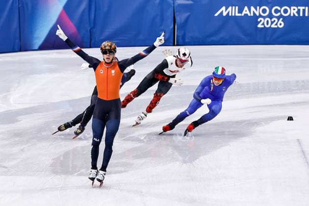 MILAN , 20-02-2026 , Milano Ice Skating Arena , Olympic Winter games, Winterspiele,Spiele, Summer games 2026 - Short Track 20-02 Men 5000m relay Final-A , Picture shows Team Netherlands (gold) Olympic Winter Games 2026 - Short Track 20-02  x201767179x Copyright: