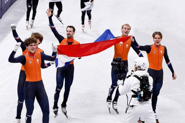 MILAN , 20-02-2026 , Milano Ice Skating Arena , Olympic Winter games, Winterspiele,Spiele, Summer games 2026 - Short Track 20-02 Men 5000m relay Final-A , Picture shows Team Netherlands (gold) Olympic Winter Games 2026 - Short Track 20-02  x201767429x Copyright: