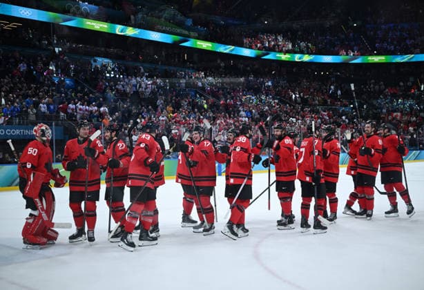 (260220) -- MILAN, Feb. 20, 2026 -- Players of Canada celebrate winning the Ice hockey, Eishockey men s play-offs semifinal match between Canada and Finland at the Milan-Cortina 2026 Olympic Winter games, Winterspiele,Spiele, Summer games in Milan, Italy, Feb. 20, 2026. ) (MICO2026)ITALY-MILAN-OLYMPIC WINTER GAMES-ICE HOCKEY-MEN-PLAY-OFFS SEMIFINALS-CAN VS FIN ZhangxHaofu 