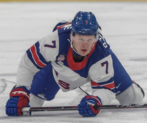 United States Brady Tkachuk (7) falls in the second period of the Men s Hockey Play-off Semifinal game between Slovakia and the USA at the Milano Santagiulia Ice hockey, Eishockey Arena in Milan, Italy, on Friday, February 20, 2026.  OLY20260220323 AARONxJOSEFCZYK