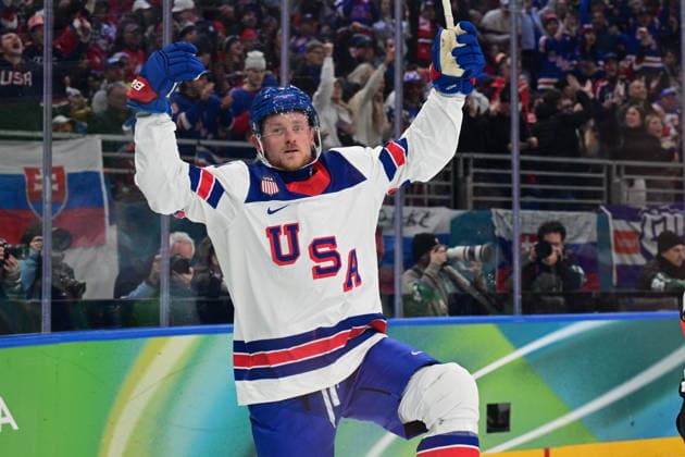 XXV Winter Olympic Games, Olympische Spiele, Olympia, OS in Milan, Italy, on February 20, 2026. Men s Ice hockey, Eishockey semifinal, USA vs Slovakia. Jack Eichel of USA celebrates a goal. (CTKxPhoto MichalxKamaryt) CTKPhotoP2026022011198  CTKPhotoP2026022011198