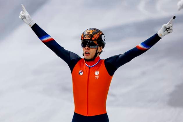 Jens van t Wout of the Netherlands celebrates after Men s 5000m Relay Finals, Milano Cortina 2026 Winter Olympics: Day 14, Short Track Speed skating, Eisschnelllauf - Milano Cortina 2026 Winter Olympics: Day 14, Milano Speed Skating Stadium, February 20, 2026, Milan, Italy.