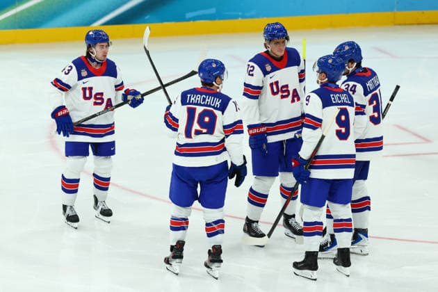 February 20, 2026, Milan, Lombardy, Italy: QUINN HUGHES 43 and his teammates of Team USA in the Semifinal game between Team United States (USA) and Team Slovakia (SVK) at the Milano Cortina 2026 Olympic Games, Olympische Spiele, Olympia, OS Olympics 2026: Milano Cortina: Ice hockey, Eishockey Men s Semifinal: USA:SVK  - ZUMAc179 20260220_oly_c179_174 Copyright: xMickaelxChavetx