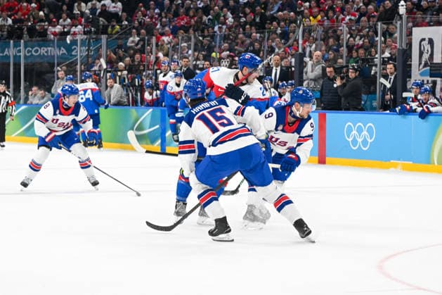 February 20, 2026, Milano, Lombardia, Italy: Noah Hanifin (USA),Adam Ruzicka (SVK),Jack Eichel (USA) during the Winter Olympic Games, Olympische Spiele, Olympia, OS Milano Cortina 2026, at the Milano Santagiulia IHO Arena, on February 20, 2026 in Milano, Italy Olympics 2026: Milano Cortina: Ice hockey, Eishockey Men s  - ZUMAm345 20260220_oly_m345_057 Copyright: xFedericoxManonix